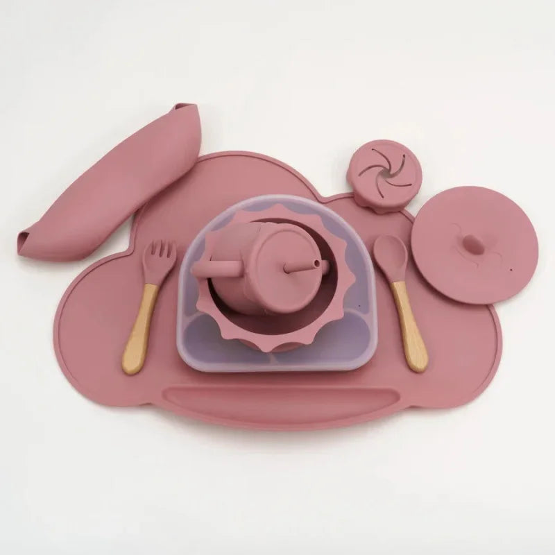 Kit Infantil Introdução Alimentar Silicone 7 Peças Lenogue Rosa