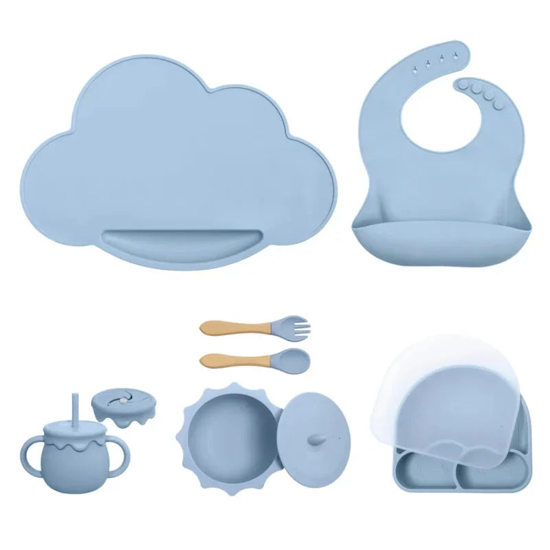 Kit Infantil Introdução Alimentar Silicone 7 Peças Lenogue Azul