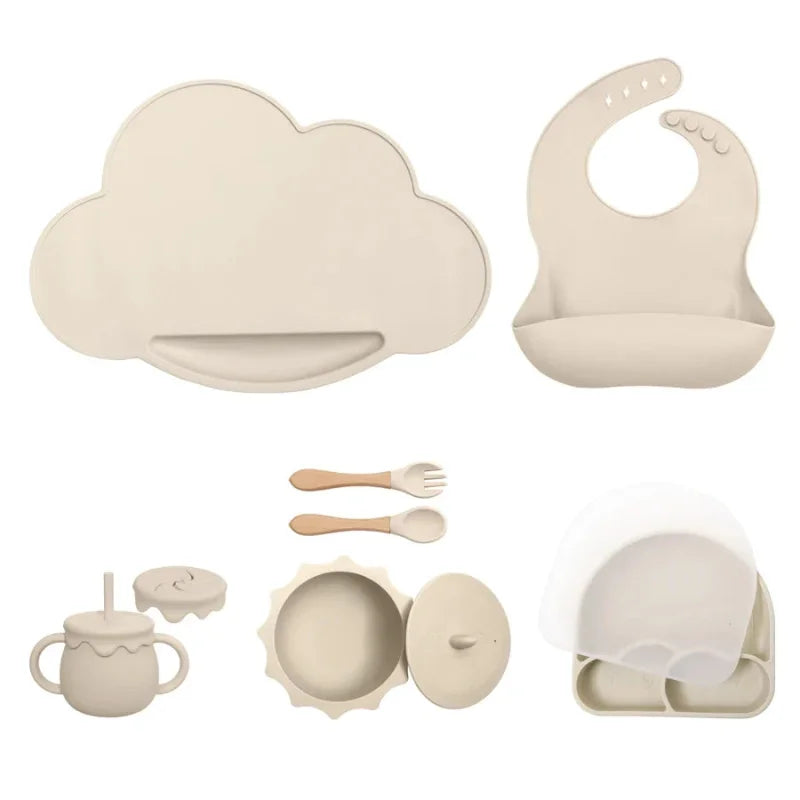 Kit Infantil Introdução Alimentar Silicone 7 Peças Lenogue Bege