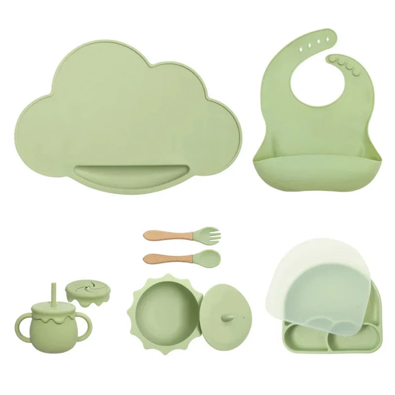Kit Infantil Introdução Alimentar Silicone 7 Peças Lenogue Oliva