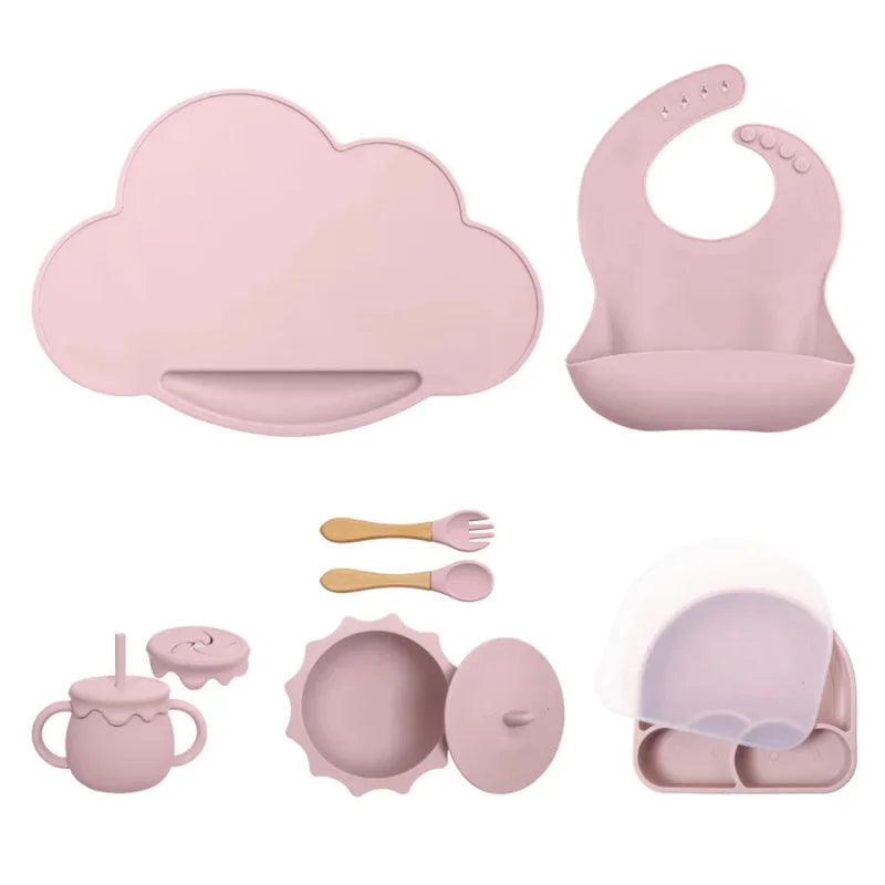 Kit Infantil Introdução Alimentar Silicone 7 Peças Lenogue Rosa Claro