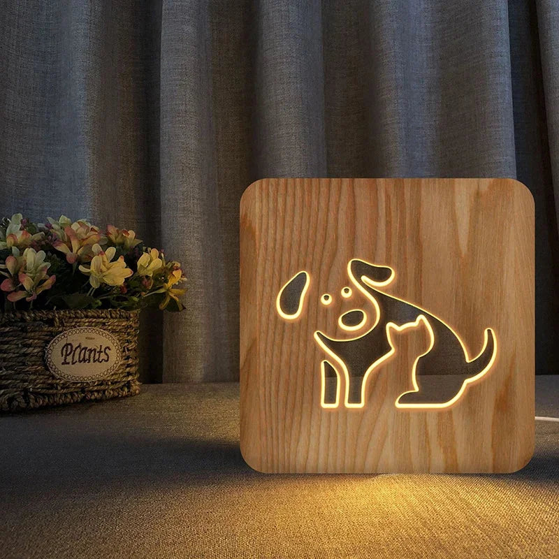 Luminária Infantil Mesa Led 3d Animais Madeira Lenogue Mod.