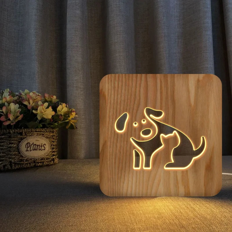 Luminária Infantil Mesa Led 3d Animais Madeira Lenogue para Decoração
