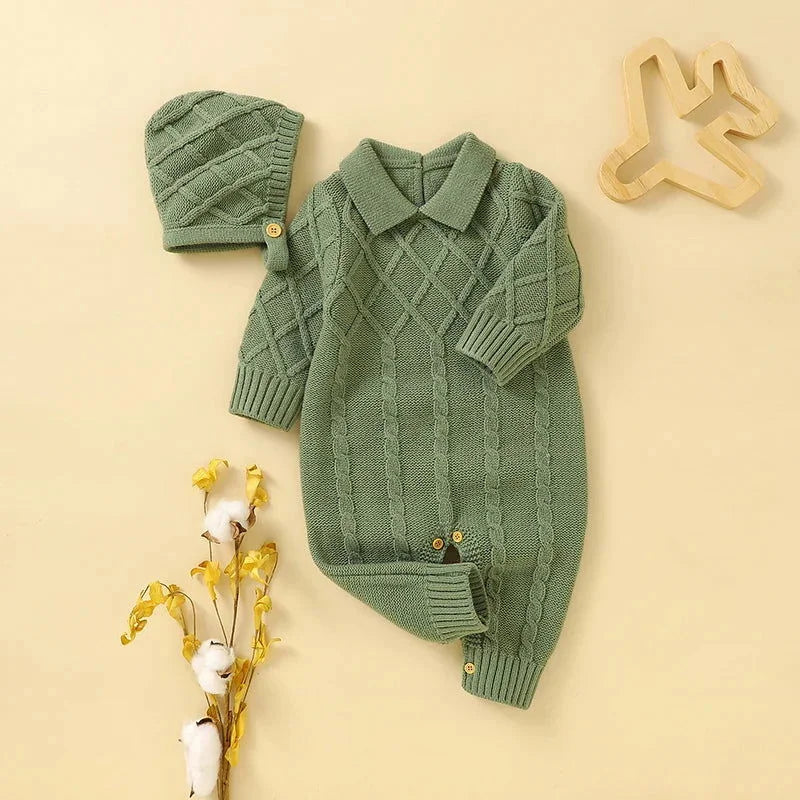 Macacão Romper Infantil Tricot Bege Lenogue Verde Folha / 3 Meses