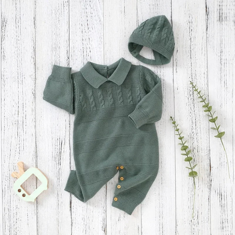 Macacão Curto Romper Infantil em Tricot Bege para o Outono e Inverno Verde / 3 Meses