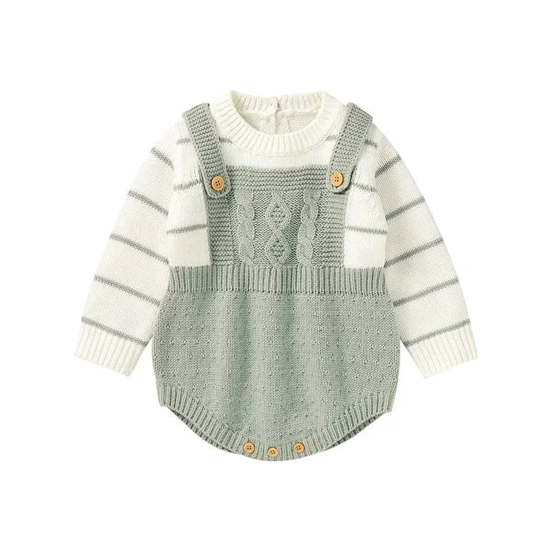 Macacão Romper Infantil Tricot Listrado Branco Lenogue Verde Menta / 0-3 Meses