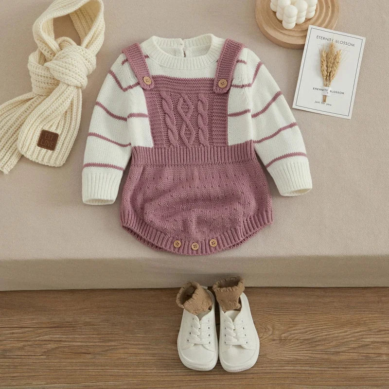 Macacão Romper Infantil Tricot Listrado Branco Lenogue