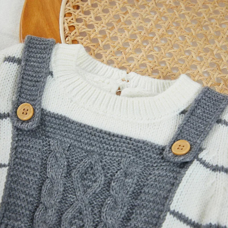 Macacão Romper Infantil Tricot Listrado Branco Lenogue