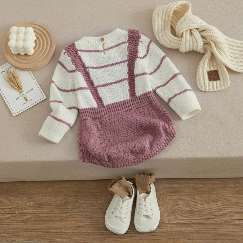 Macacão Romper Infantil Tricot Listrado Branco Lenogue Rosa / 0-3 Meses