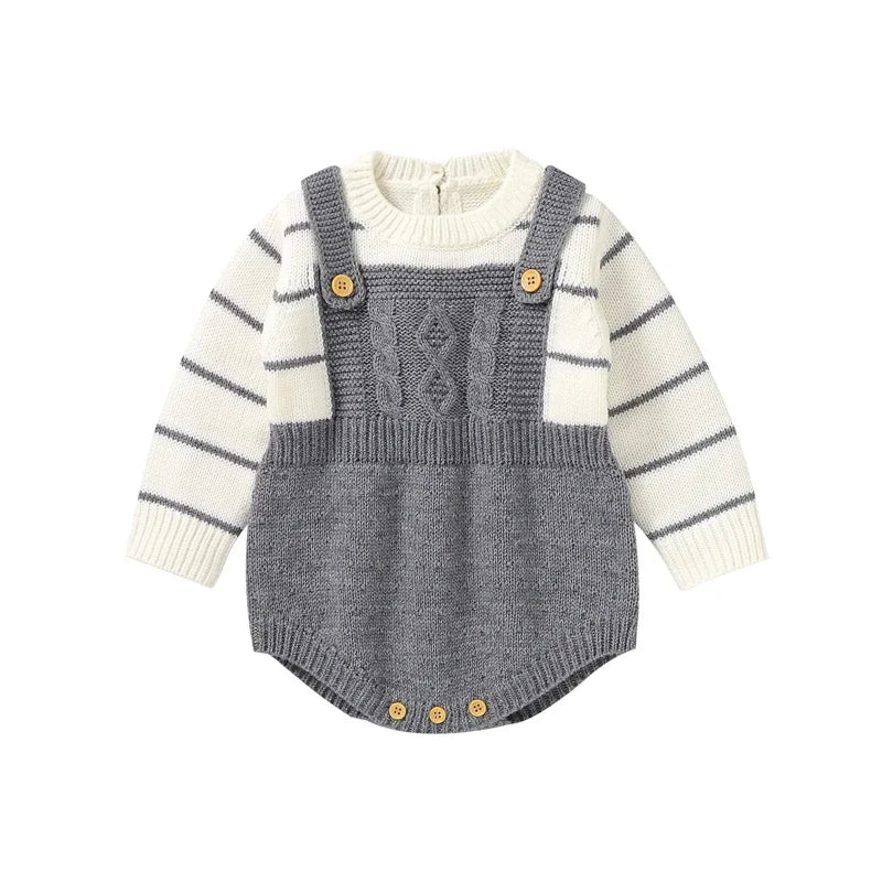 Macacão Romper Infantil Tricot Listrado Branco Lenogue Cinza / 0-3 Meses