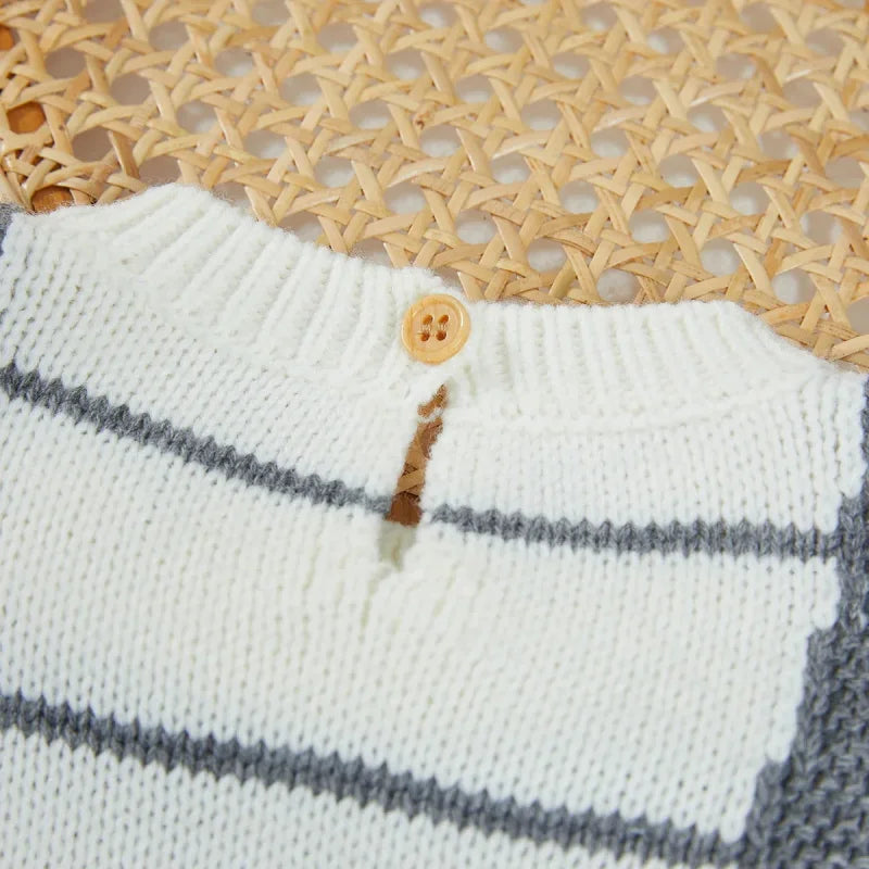 Macacão Romper Infantil Tricot Listrado Branco Lenogue