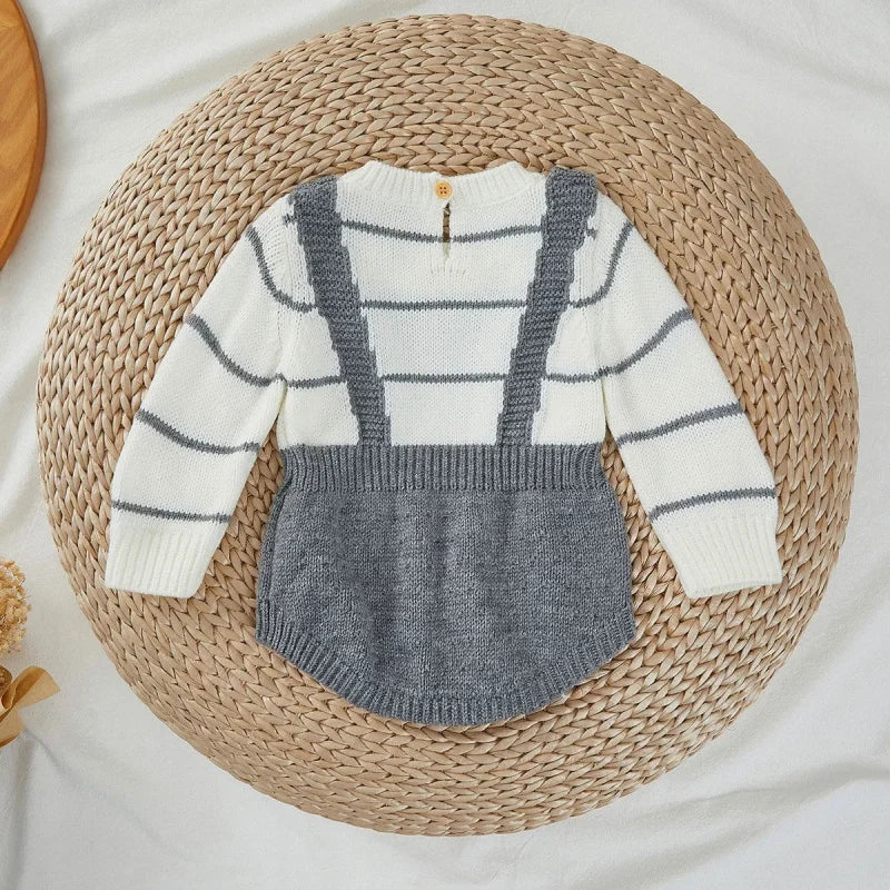Macacão Romper Infantil Tricot Listrado Branco Lenogue