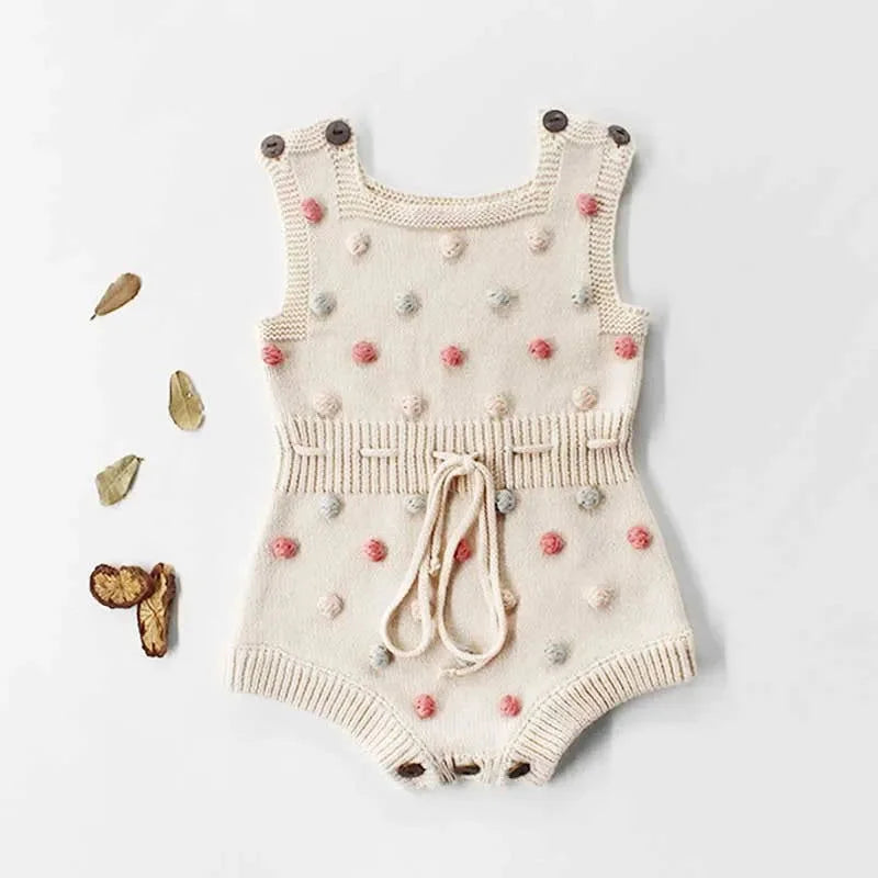 Macacão Curto Romper Luxuoso com Tricot Pompom para Crianças Bege / 3 Meses (66 Cm)