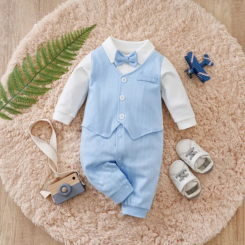 Macacão Infantil Algodão Manga Longa Gentleman Gravata Lenogue Azul / 0-3 Meses