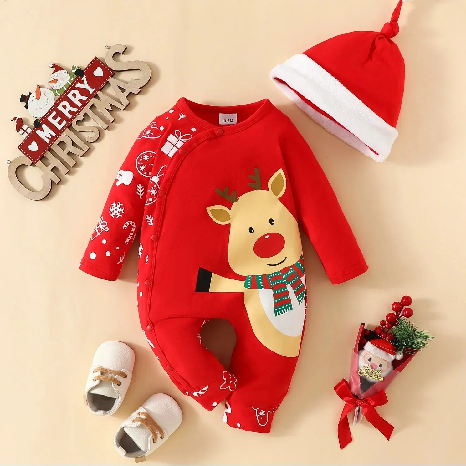 Macacão Infantil Algodão Manga Longa Primeiro Natal com Gorro Lenogue