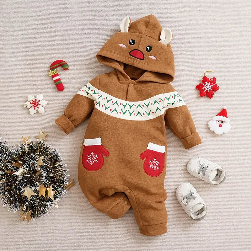 Macacão Infantil com Capuz Manga Longa Rena Natal Lenogue Marrom / 0-3 Meses