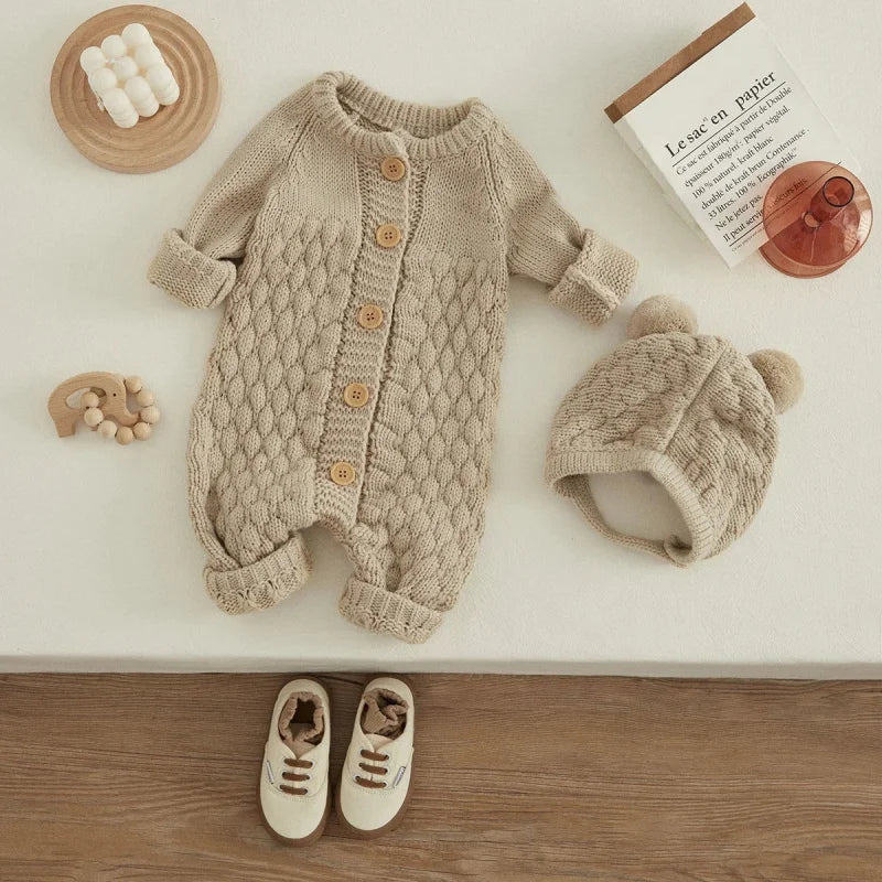 Macacão Infantil com Touca Tricot Baby Lenogue Bege / 0-3 Meses
