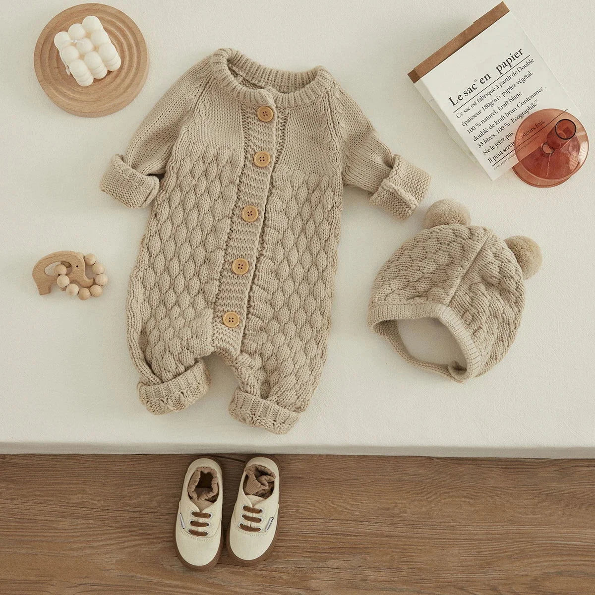 Macacão Infantil com Touca Tricot Baby Lenogue Bege / 0-3 Meses