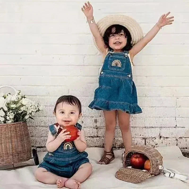 Macacão Infantil Jardineira Jeans Rainbow Azul Lenogue