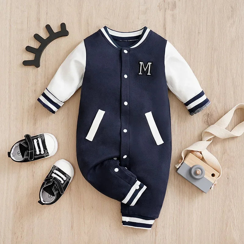 Macacão Infantil Manga Longa Algodão Baseball Lenogue Azul / 0-3 Meses