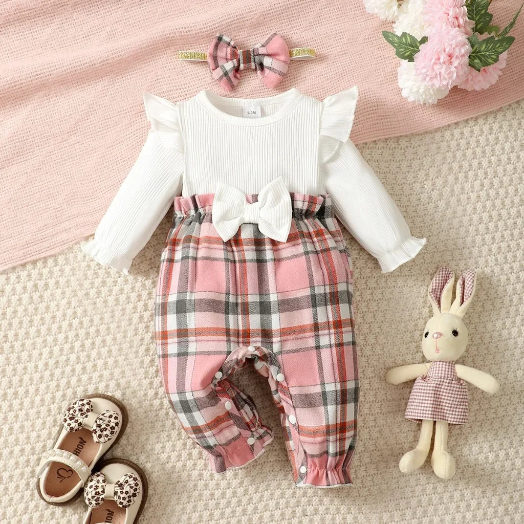 Macacão Infantil Manga Longa Xadrez Tiara Douceur Lenogue Rosa / 0-3 Meses