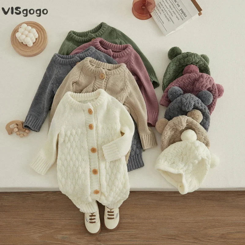 Macacão Infantil Refinado com Touca Baby de Tricot Lenogue