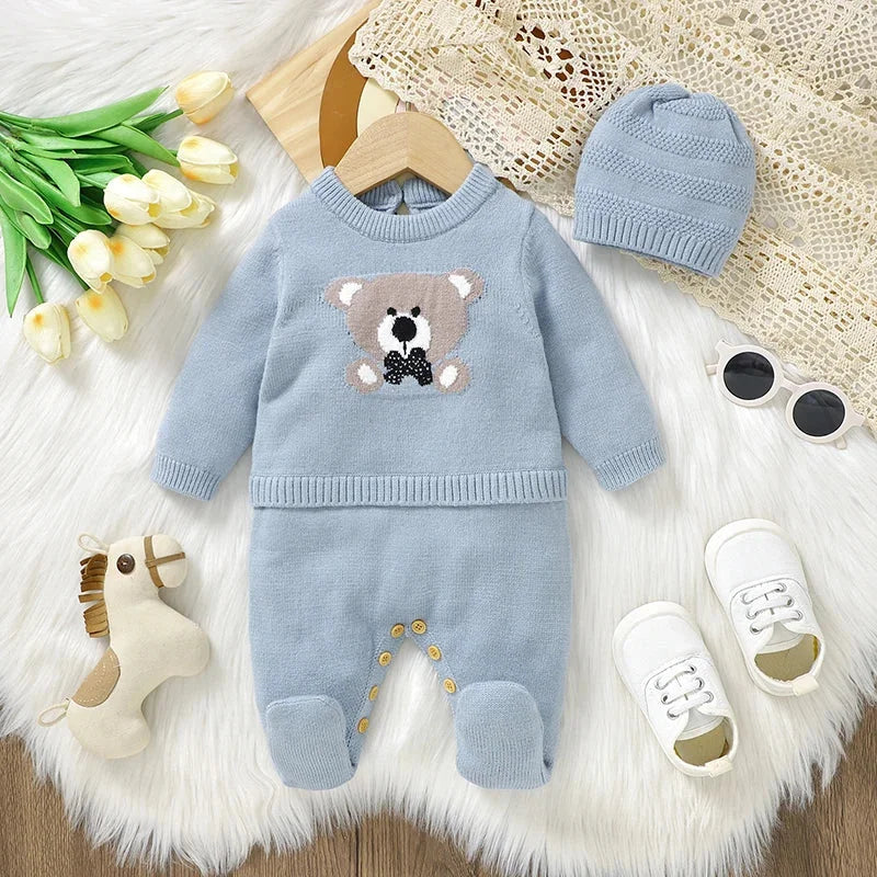 Macacão Infantil Tricot com Gorro e Pé Fechado Azul Lenogue / 0-3 Meses