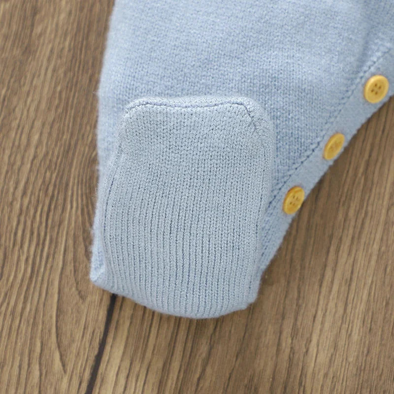 Macacão Infantil Tricot com Gorro e Pé Fechado Azul Lenogue