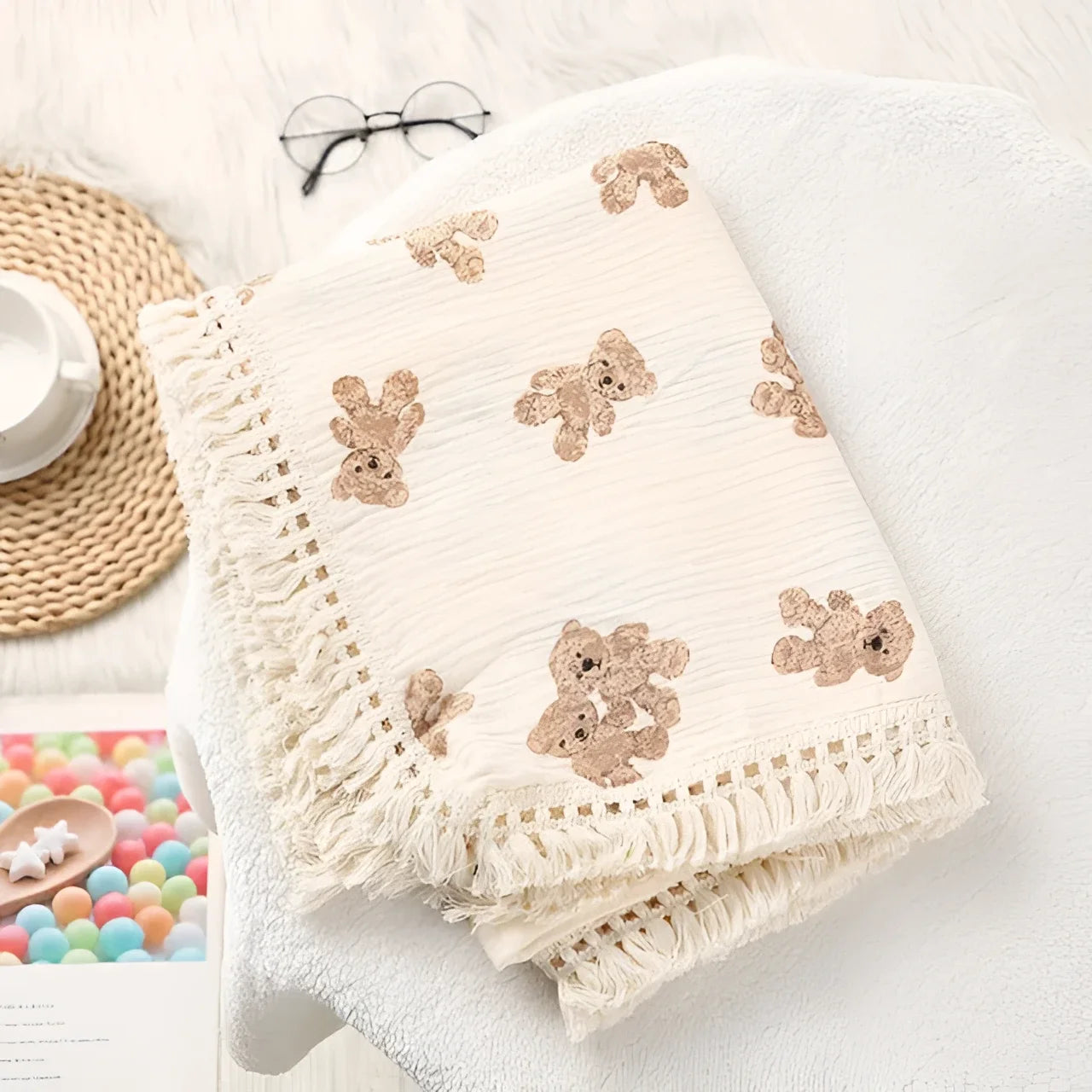 Manta Infantil Musselina Multicamada Algodão Lenogue Bege (mod. 03) / 80x65cm