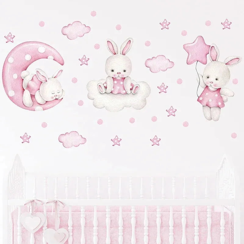 Papel Adesivo Infantil Coelhos e Lua Aquarela Lenogue 1 Peça (30 x 90 Cm)