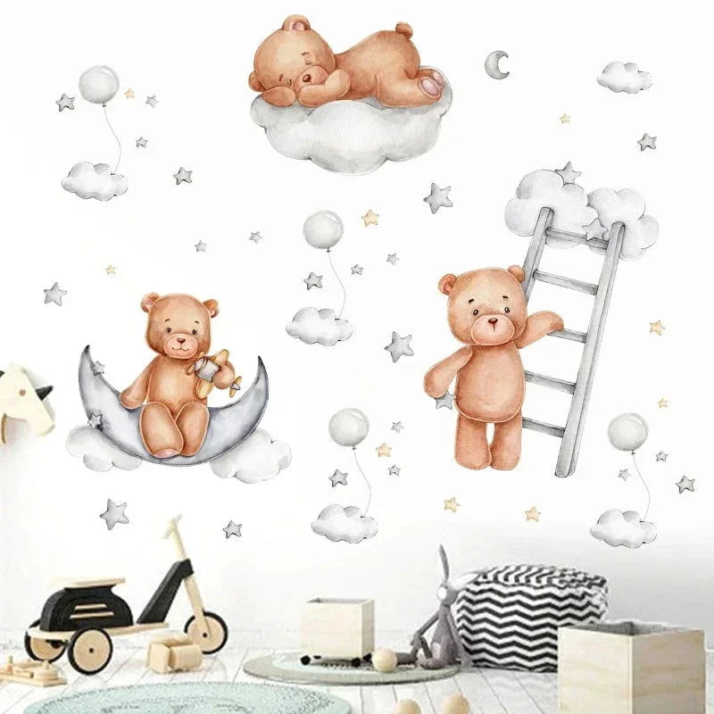 Papel Adesivo Infantil Ursinho com Lua Azul Lenogue 2 Peças (30 x 90 Cm)