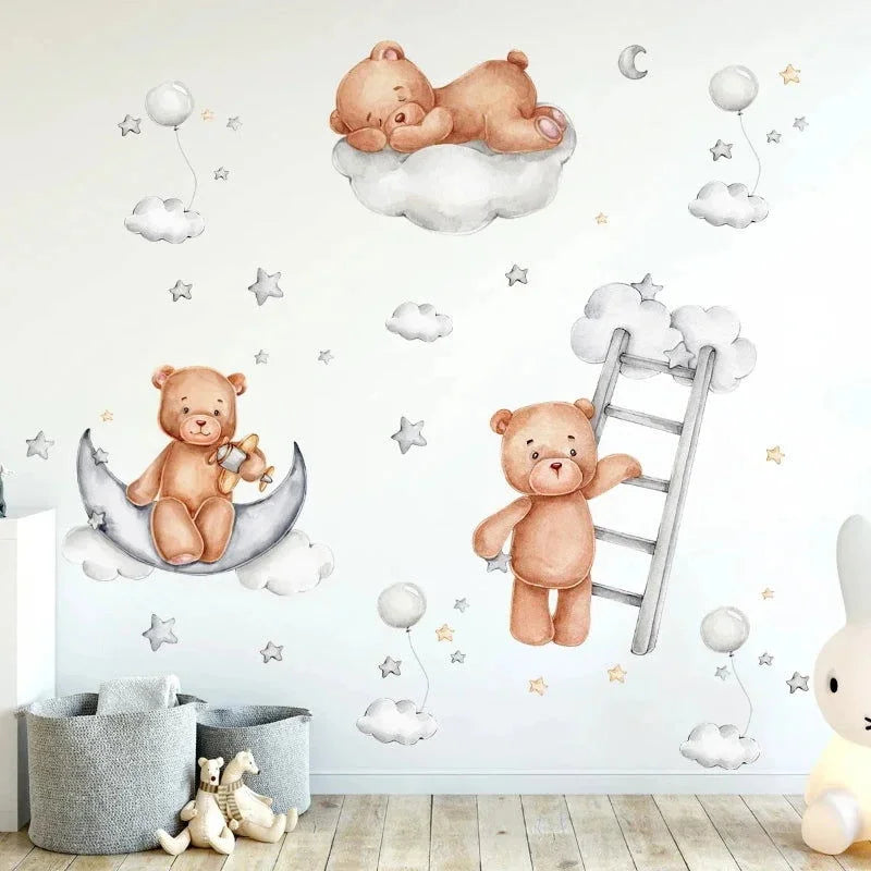 Papel Adesivo Infantil Ursinho com Lua Azul para Parede Infantil Ursinho 2 Peças (30 x 90 Cm)