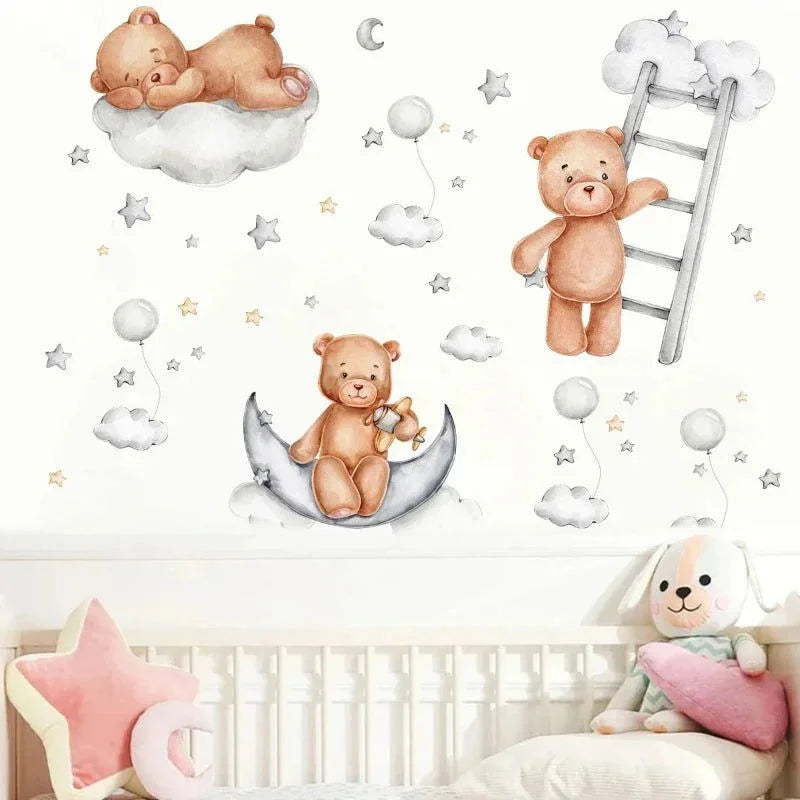 Papel Adesivo Infantil Ursinho com Lua Azul para Parede Infantil Ursinho 2 Peças (30 x 90 Cm)
