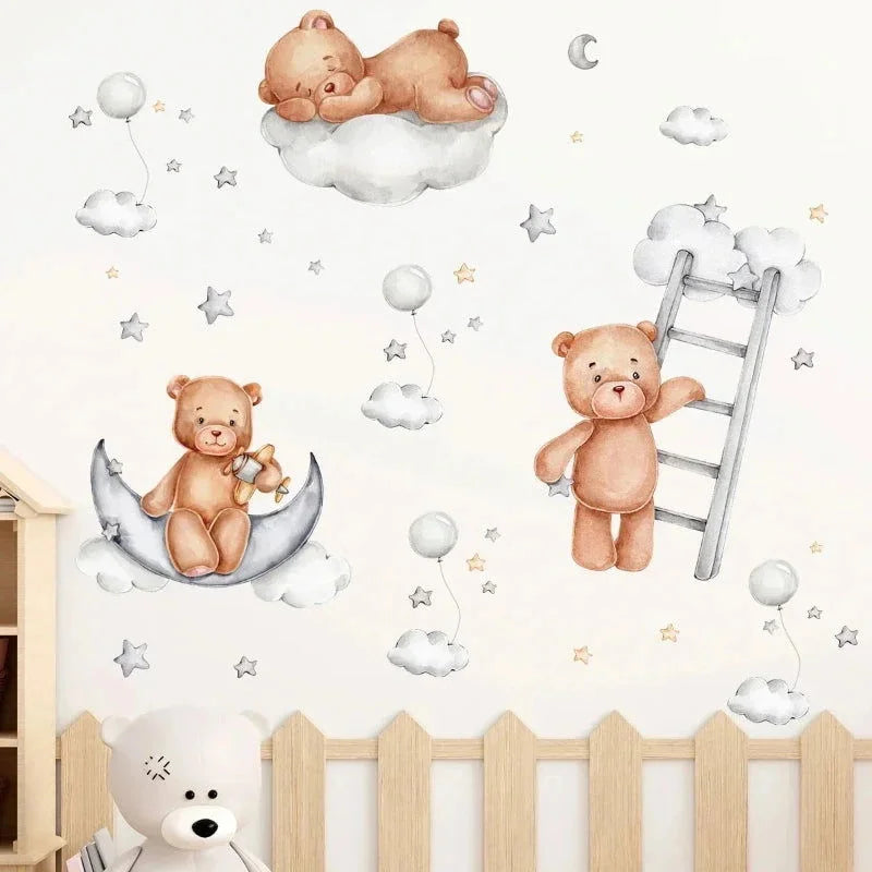 Papel Adesivo Infantil Ursinho com Lua Azul Lenogue 2 Peças (30 x 90 Cm)