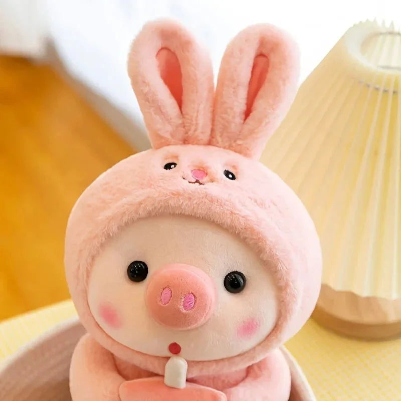 Pelúcia de Porquinho Tomando Chá Rosa para Decoração e Conforto