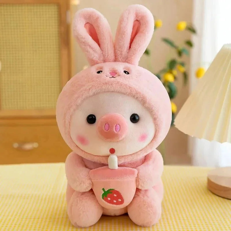 Pelúcia de Porquinho Tomando Chá Rosa para Decoração e Conforto Rosa