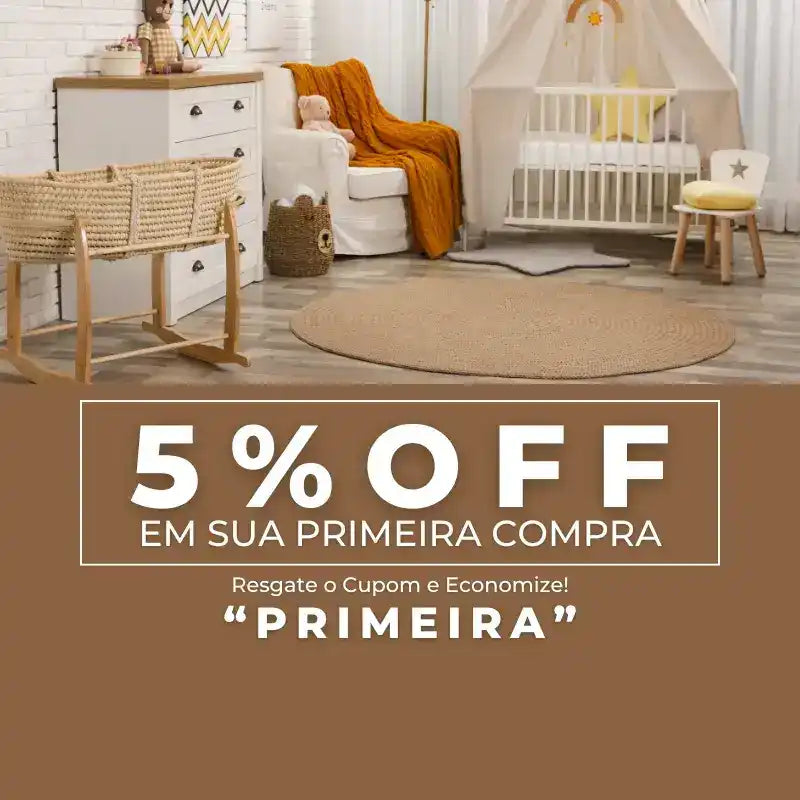 Uma oferta promocional mostrando 5% de desconto em compras de primeira vez com o código de cupom 'PRIMEIRA'