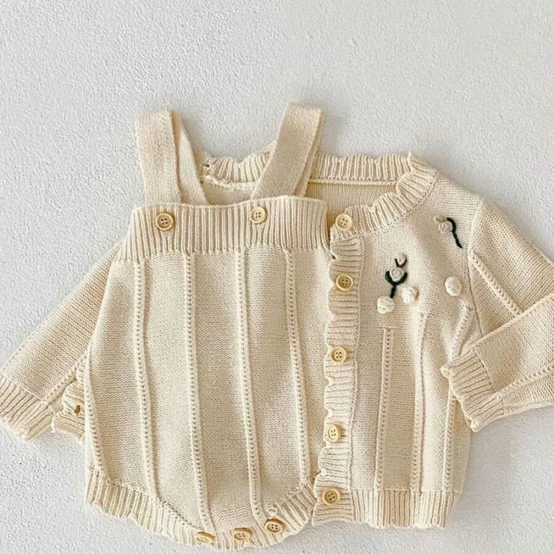 Conjunto Romper Infantil Tricot Algodão Olga Lenogue Bege / 3-6 Meses