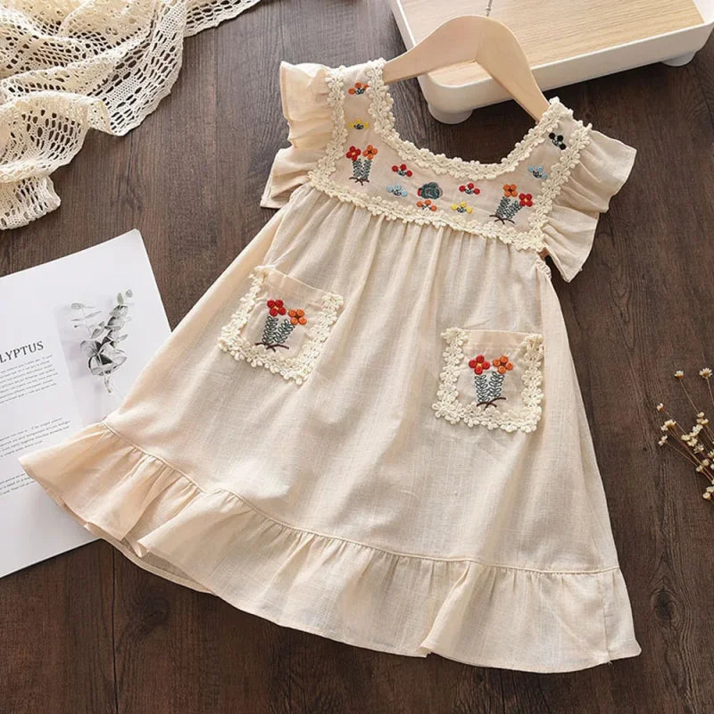 Vestido Aconchegante Juliette Lenogue para Meninas Primavera e Verão Bege / 1-2