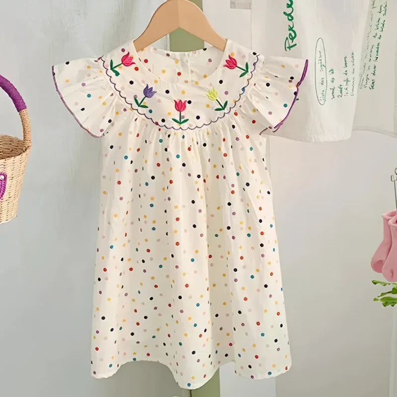 Vestido Aconchegante Margot Lenogue para Meninas no Verão Branco com Bolinhas / 1-2