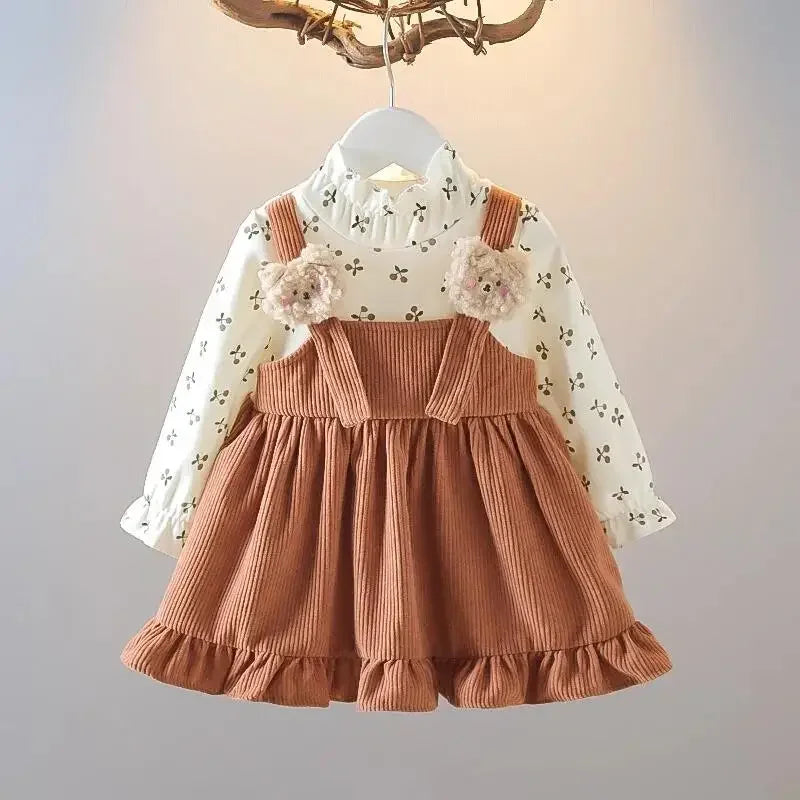 Vestido de Manga Longa com Alças de Veludo para Meninas Lenogue Caqui / 18-24 Meses (90 cm)