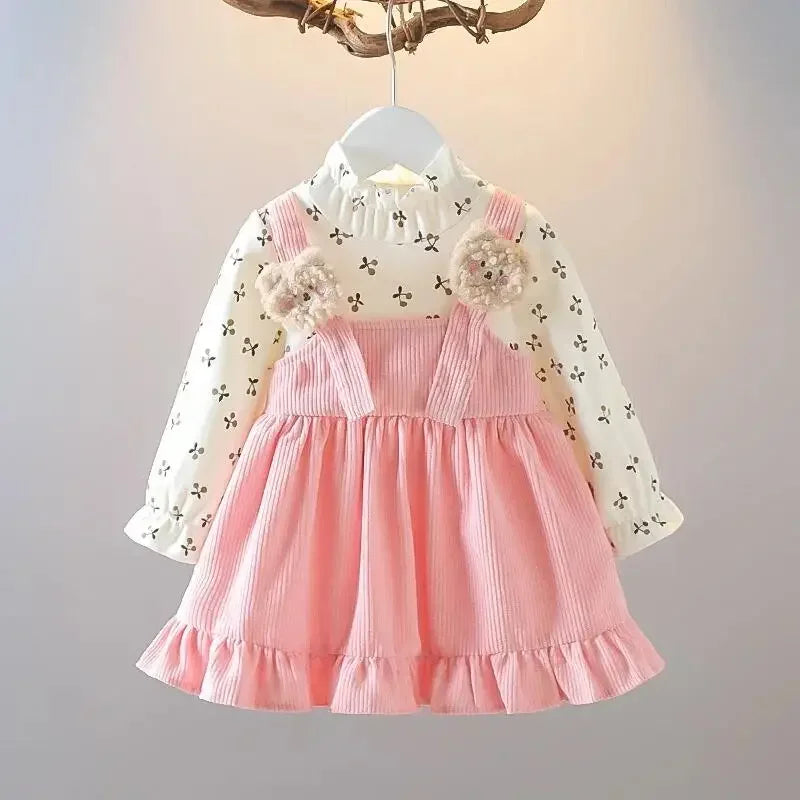 Vestido de Manga Longa com Alças de Veludo para Meninas Lenogue Rosa / 18-24 Meses (90 cm)