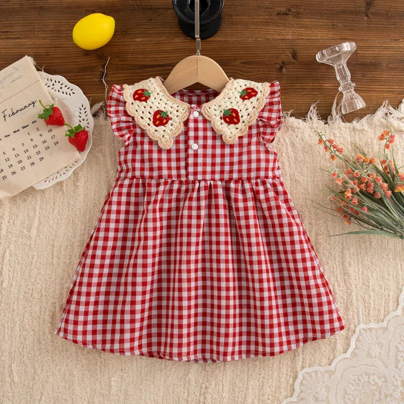 Vestido Infantil Algodão Xadrez Vermelho Morango Lenogue / 6-12 Meses