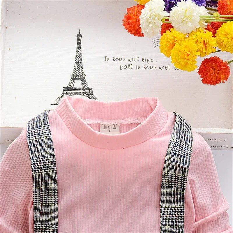 Vestido Infantil de Manga Longa Listrado com Alças e Laço Lenogue