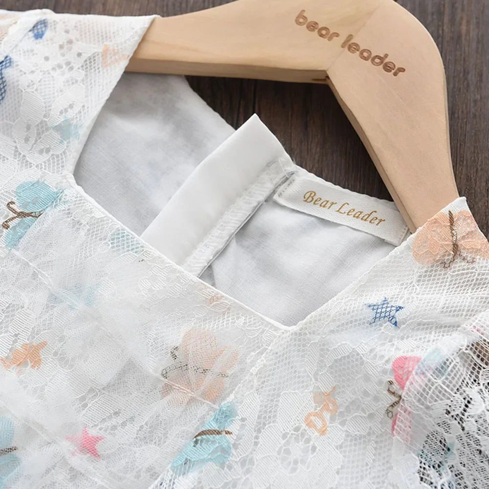 Vestido Infantil de Renda Estampa Borboleta com Laço Lenogue