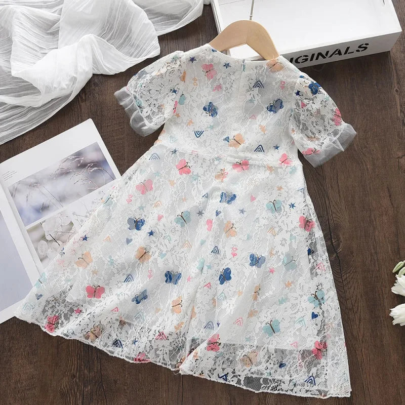 Vestido Infantil de Renda Estampa Borboleta com Laço Lenogue