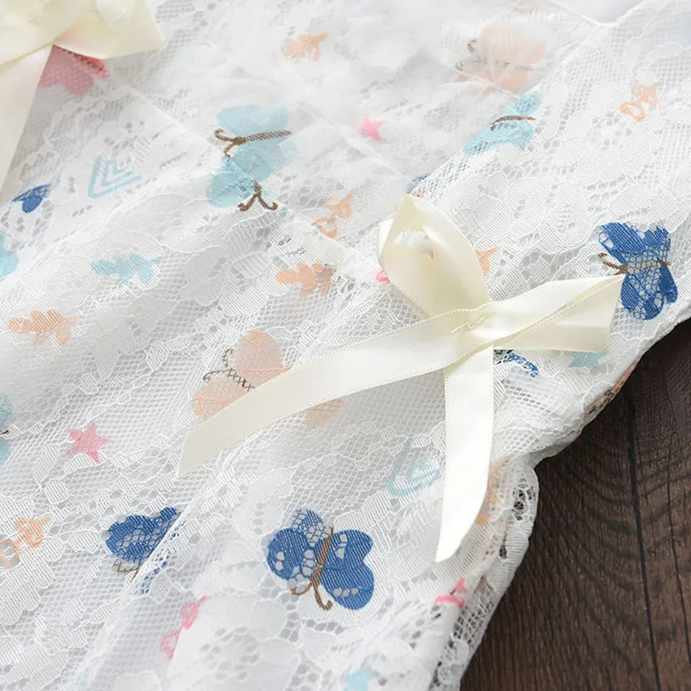 Vestido Infantil de Renda Estampa Borboleta com Laço Lenogue