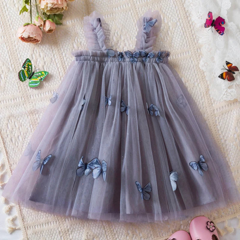 Vestido Infantil Elegante Tutu Azul com Detalhes de Borboletas 3d