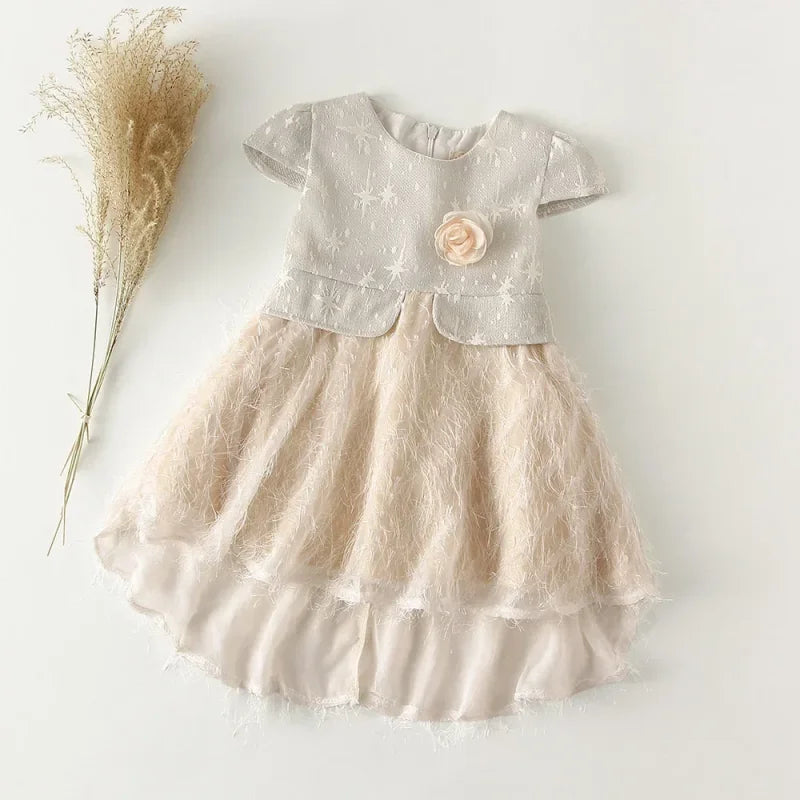 Vestido Infantil Estilo Princesa sem Manga para Festa Lenogue Bege (mod. 02) / 6-12 Meses