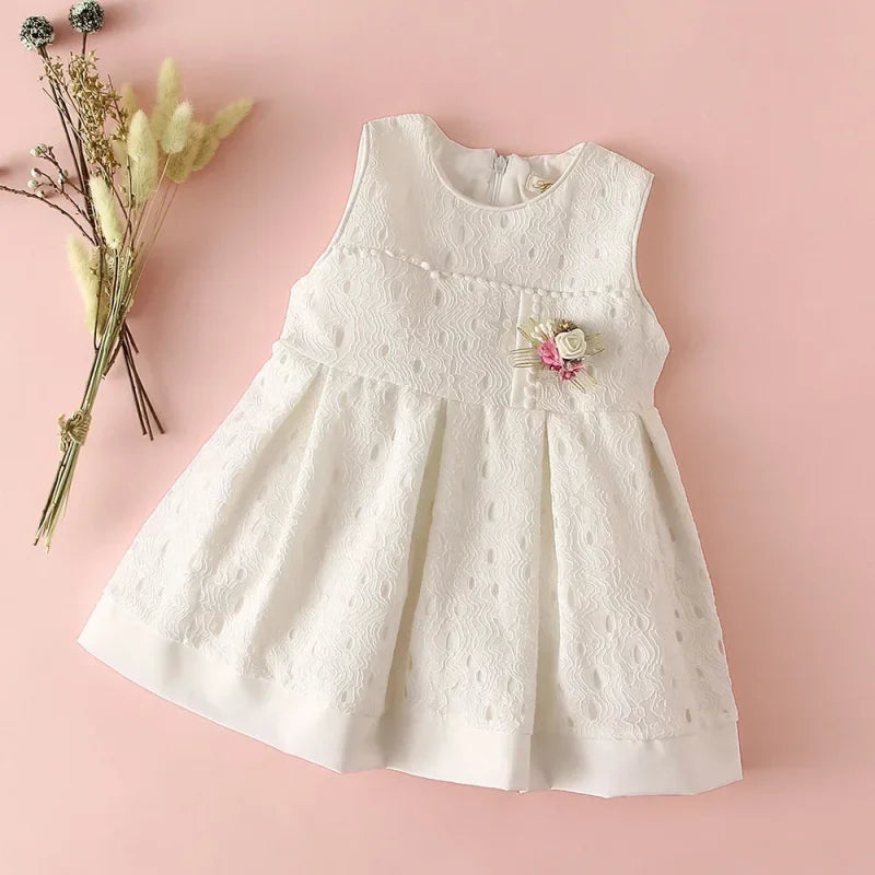 Vestido Infantil Estilo Princesa sem Manga para Festa Lenogue Branco (mod. 01) / 6-12 Meses